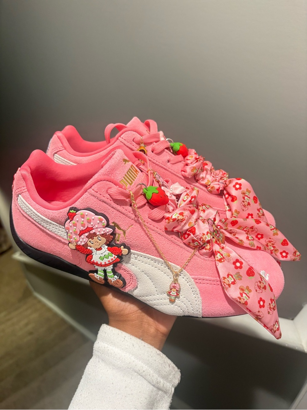 DM FOR CUSTOM ORDERS! Pink Puma Strawberry Shortcake Charm Suede Sneakers